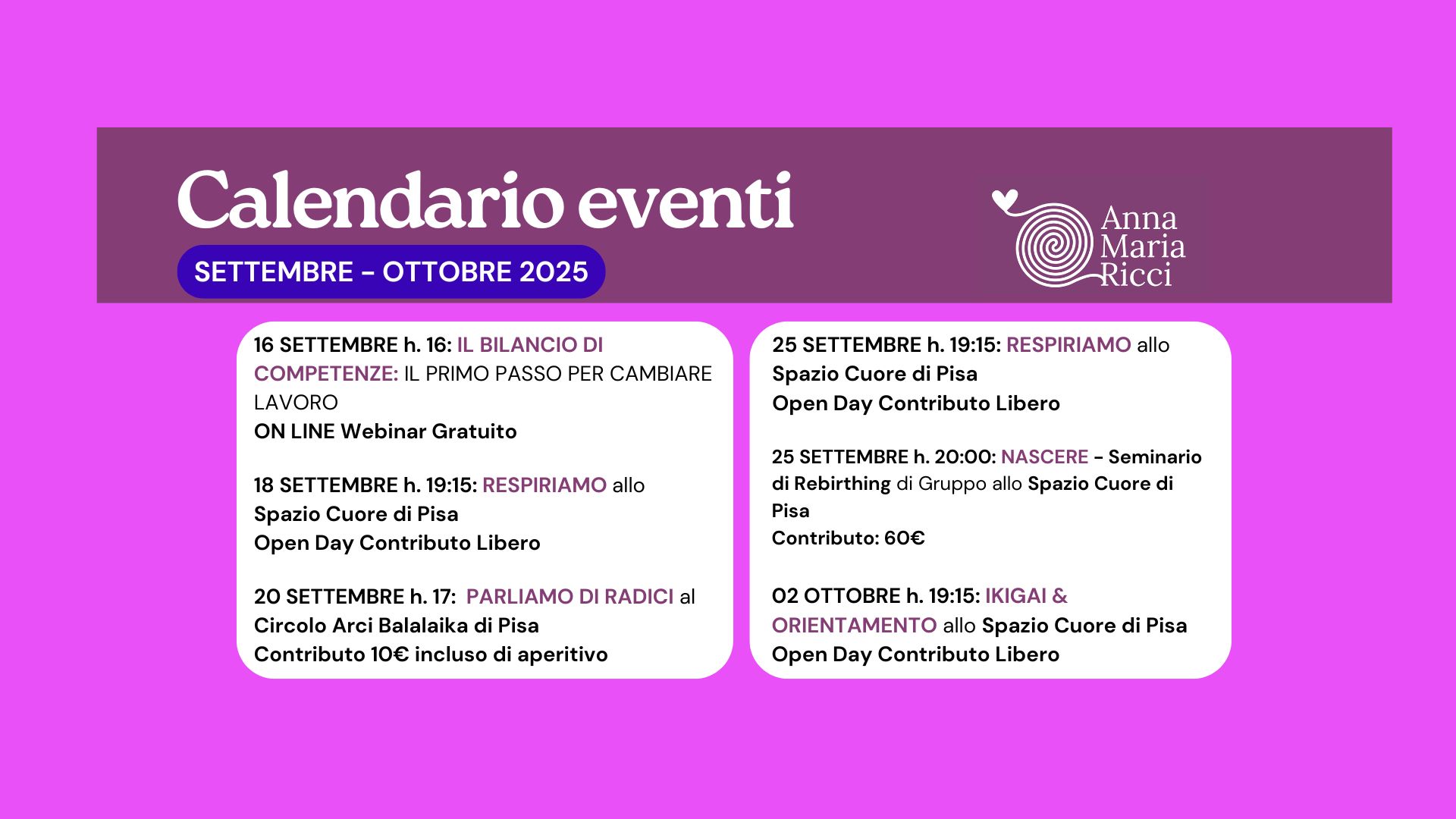 Scopri i miei Eventi di Settembre e Ottobre a Pisa e on line